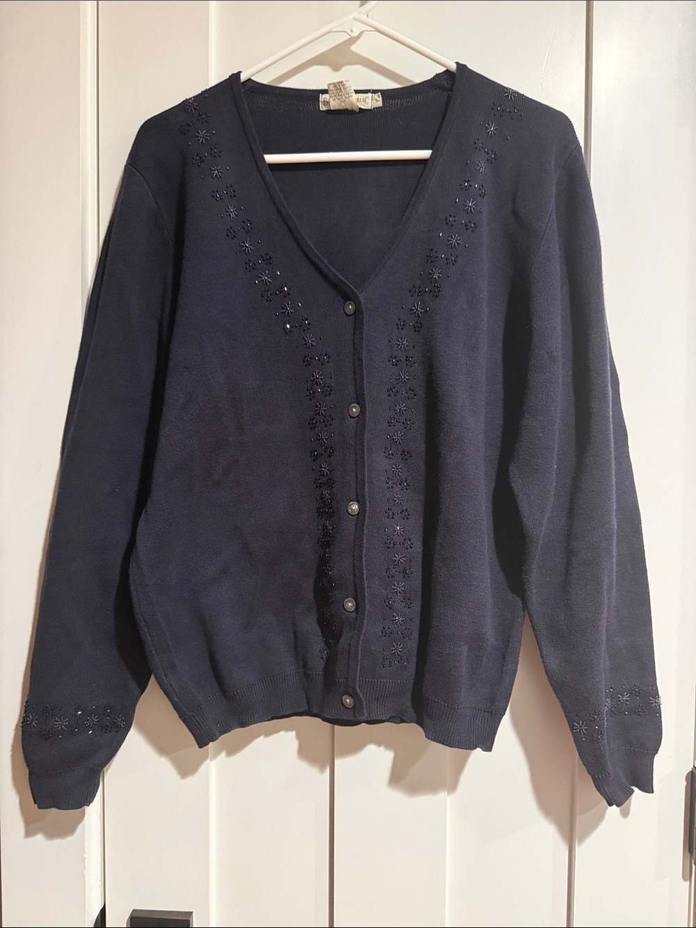 Vintage Banana Republic Women's Navy V-Neck Embroidered Button Cardigan Sweater